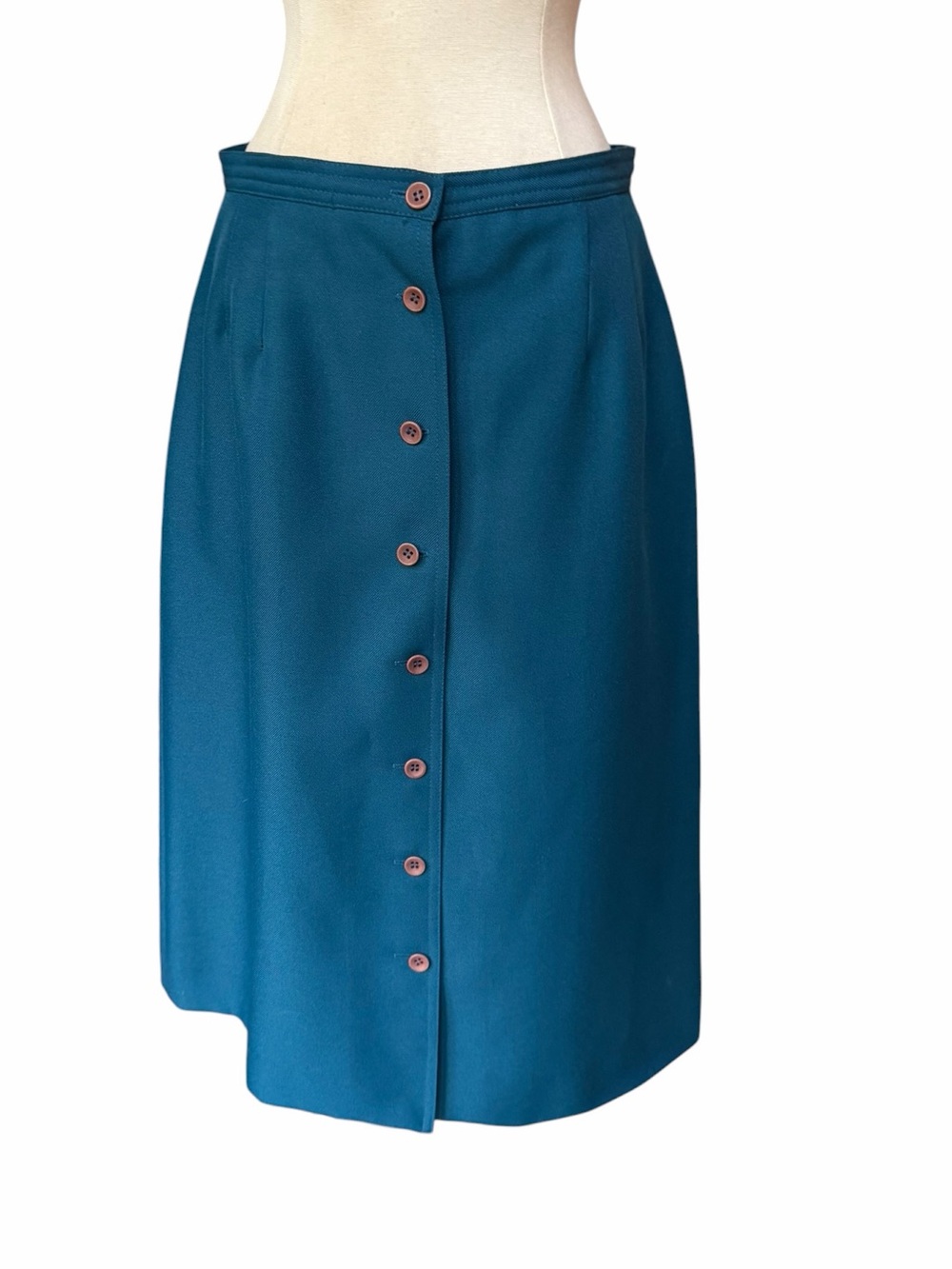 1970s Windsor Sport Teal Ribbed Poly Button-Front A-Line Skirt